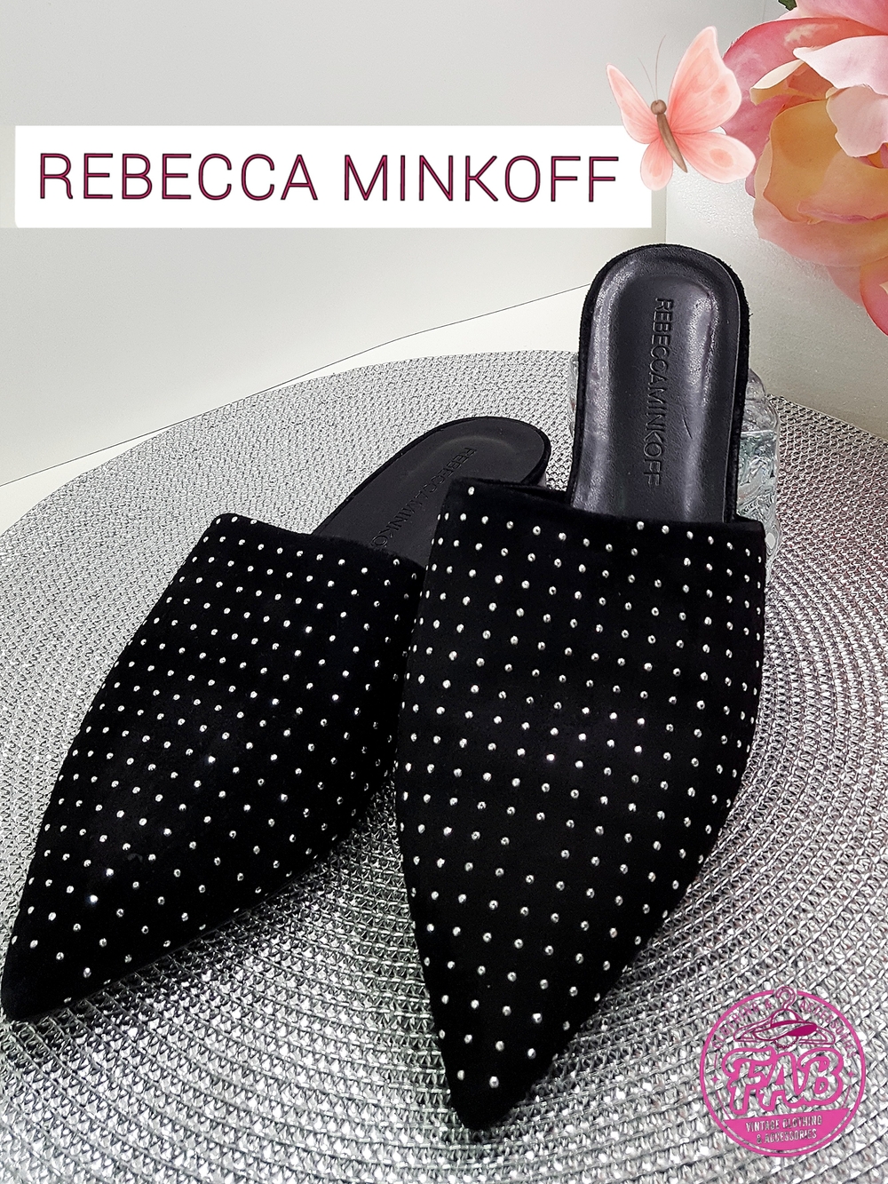 Rebecca Minkoff Black Suede Studded Pointed Mules